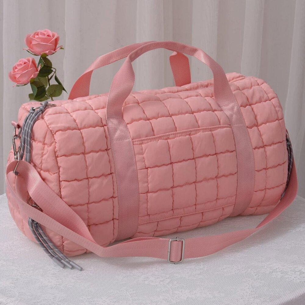 Light Pink Quilted Puffer Weekender Bag Travel Duffel Tote Carry-On Gym